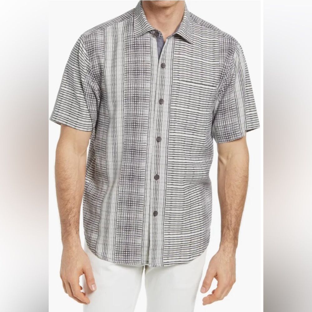 Tommy Bahama Men's Bay Street Blues Silk Button-Up Shirt XL Off-White Black Grey